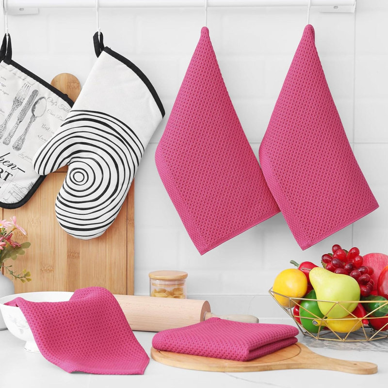 Linges à vaisselle 100% coton tissé gaufré, linges à vaisselle à séchage rapide absorbant ultra doux, paquet de 6, Hot Pink