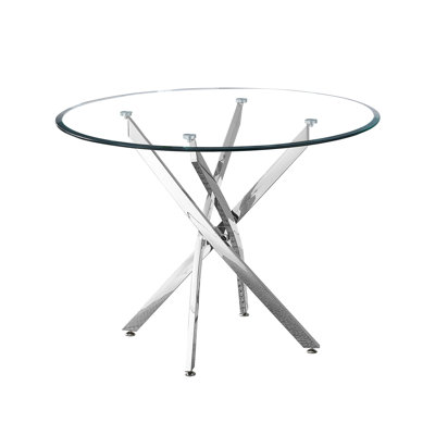 Table de salle à manger ronde en verre trempé transparent avec pieds angulaires en acier inoxydable argenté et conception équilibrée, 36 pouces de diamètre, pieds inclinés durables, confortable pour quatre personnes, hauteur 30,1