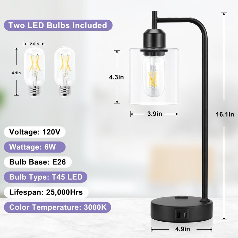 Black Industrial Touch Table Lamps Set with Glass Shade