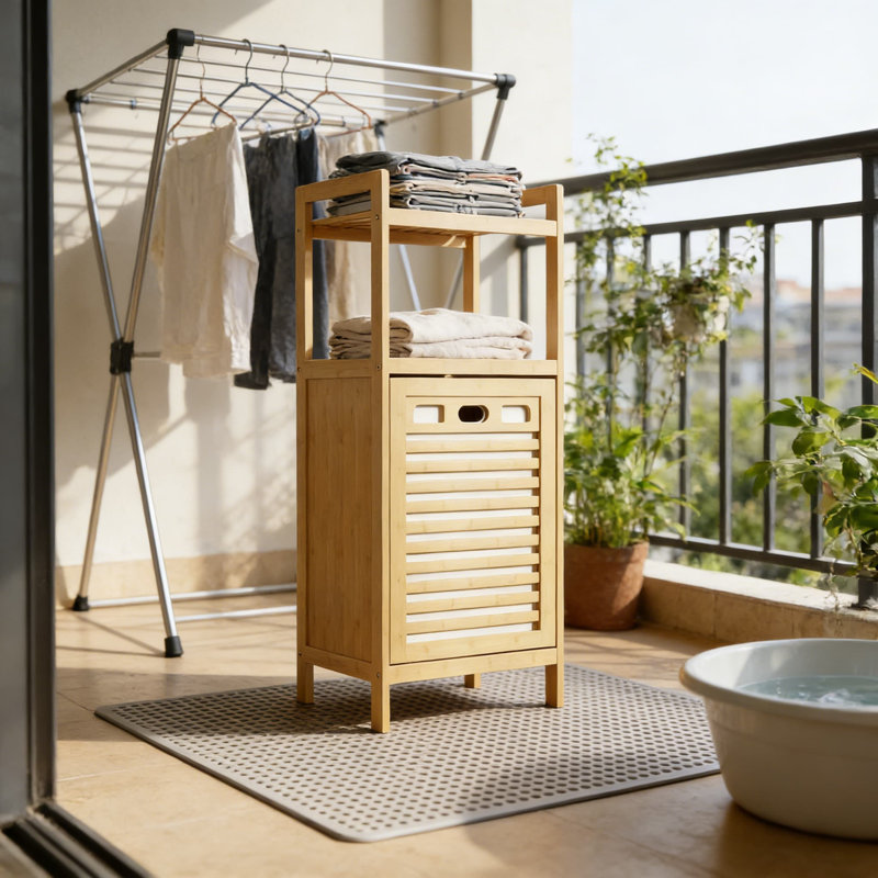 Bamboo Tilt-Out Laundry Hamper Cabinet With Removable Bag And 2 Open Shelves, Freestanding Storage Organizer For Bathroom, Bedroom, Or Living Room