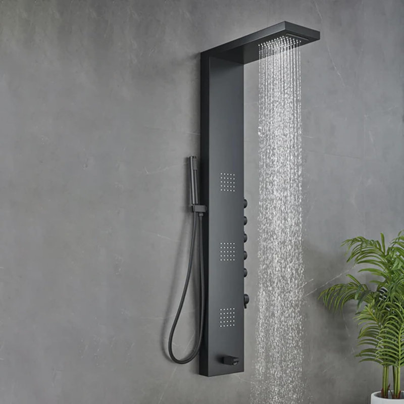 Système de tour de panneau de douche à 3 jets noir mat avec douchette et bec de baignoire, pomme de douche à pluie et cascade fixe, laiton et acier inoxydable, système de tour de panneau de douche mural