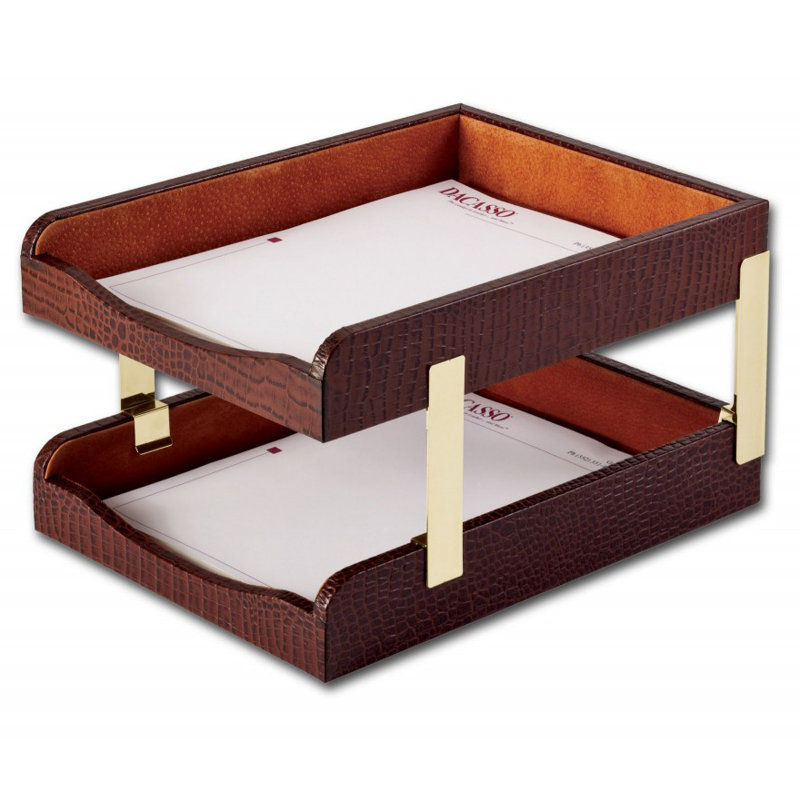 Plateau à lettres doubles en cuir crocodile, Brun