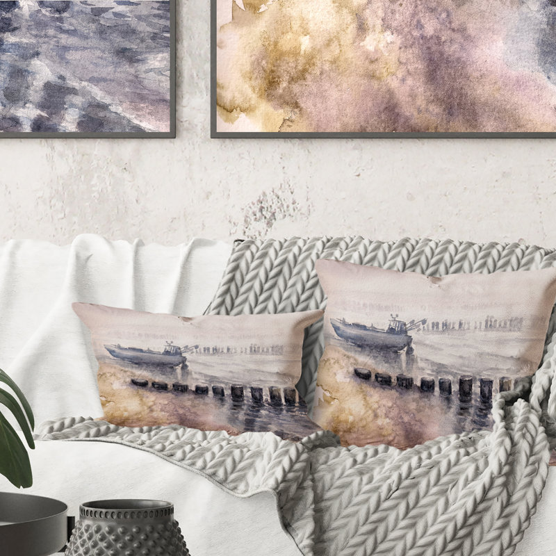 Bateau de pêche dans le port - Coussin décoratif imprimé nautique et côtier, 16 po x 16 po