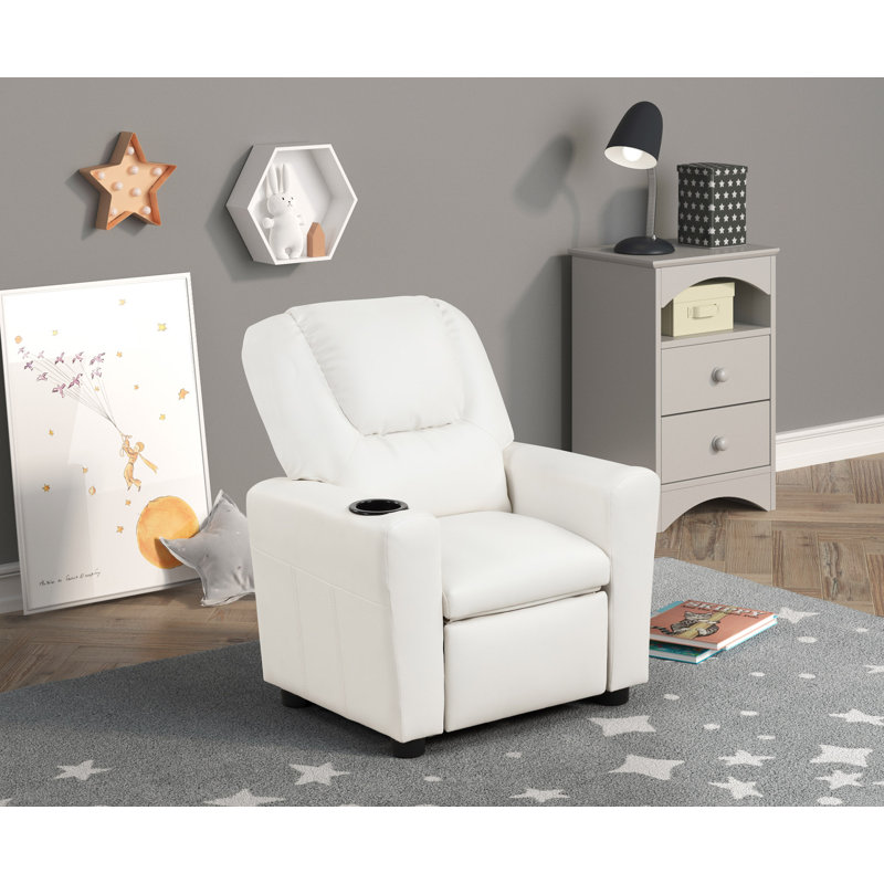 Fauteuil inclinable pour enfants en cuir de polyuréthane 22 po avec porte-gobelet Marisa, Similicuir blanc
