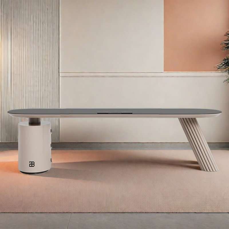 Bureau en granite avec bureau simple, H 29,53 po x l 86,61 po x P 27,56 po, Crème, crème