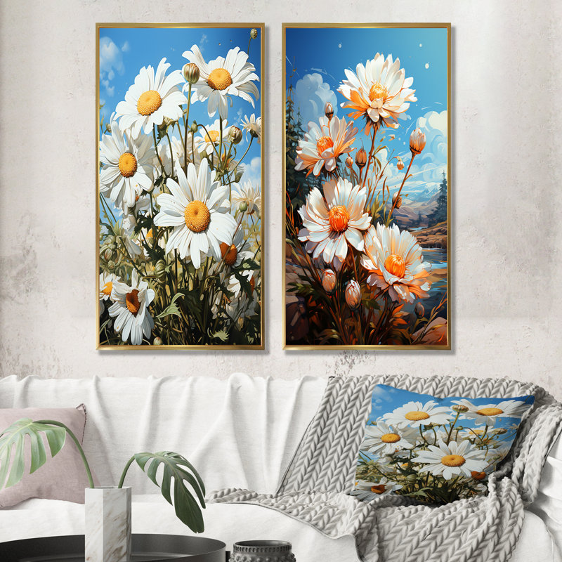 Ensemble de 2 décorations murales marguerites blanches et jaunes, Encadrement doré, H 40 po x l 41 po