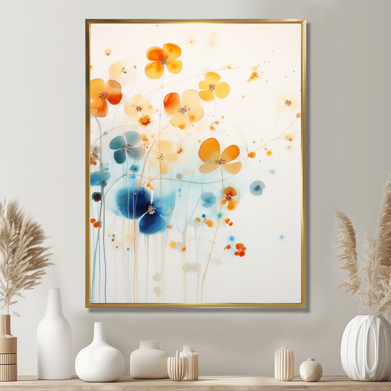 «Ethereal Blooming Violet Spring - Wildflowers», art mural, Toile avec cadre flottant or, H 44 po x l 34 po x P 1,5 po