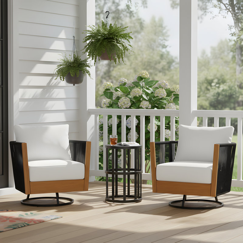 Marne Outdoor 3-Piece Acacia Wood Conversation Set With Woven Rope & Ceramic Side Table, 3 Pcs: Table, 2 Chairs