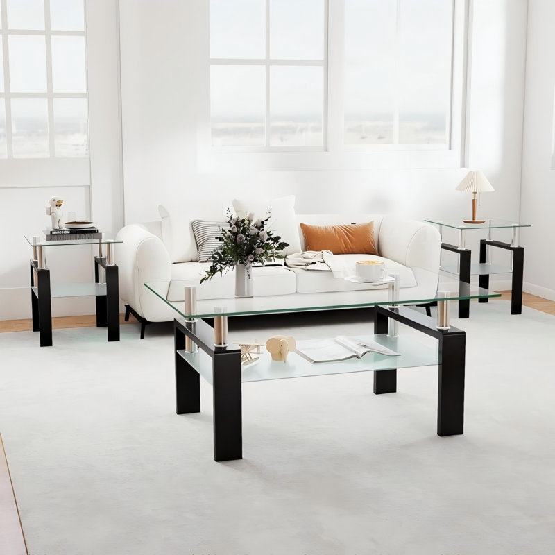 Ensemble de table de salon 3 pièces avec plateau en verre, pieds en métal et 2 tablettes de rangement Esbeidy, comprenant 1 table basse et 2 tables de bout