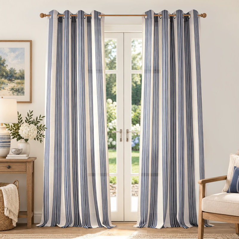 Rideaux semi-transparents en lin avec motif à rayures Chris, Bleu marine foncé, L 52 po x L 108 po