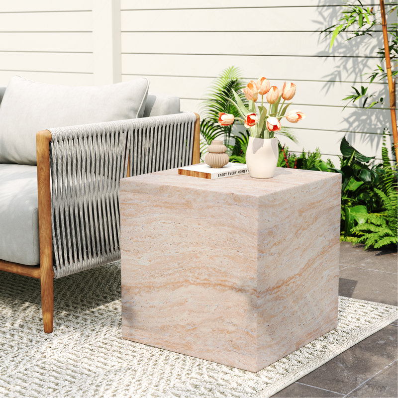 Outdoor/Indoor Square Travertine Lightweight Concrete Side Table
