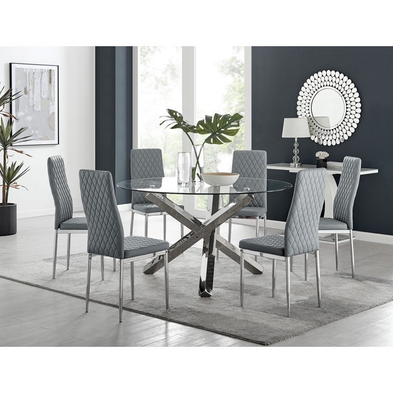 Ensemble de table de salle à manger Harper en verre et chrome avec 6 chaises rembourrées en similicuir Harper, gris