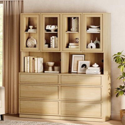 72" Tall Bookshelf with 6 Drawers and Book Shelves, Library Bookcase with Closed Storage Cabinet and Glass Display Shelves, Wooden Book Shelf for Home Office, Living Room