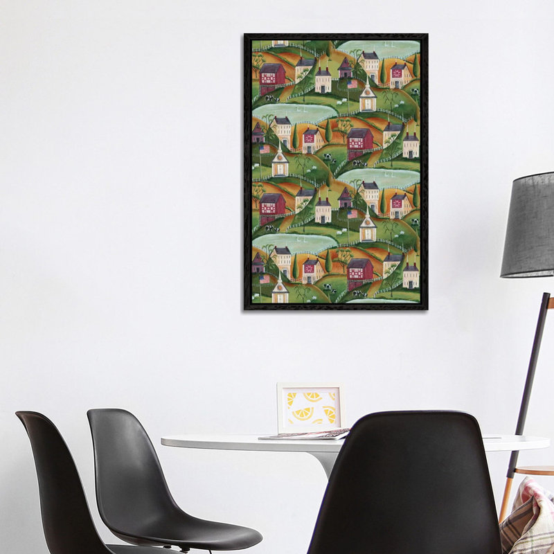 Primitive American Folk Art Village Of Yesteryear Bartley by Cheryl Bartley - Painting on Canvas, Black Framed