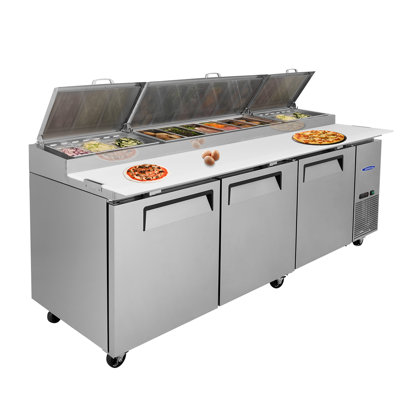 Fennel 93 Inch Pizza Prep Table Refrigerator 30.8 Cu Ft Stainless Steel With Cutting Board Cold Storage and Adjustable Shelving