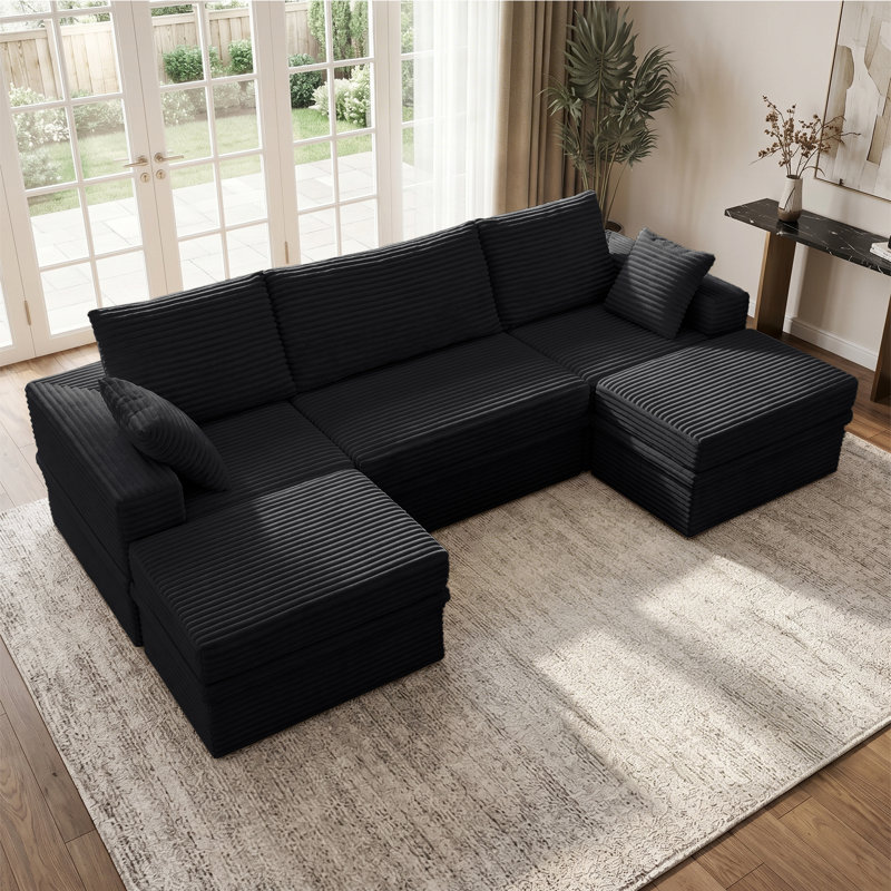 107"W Boneless U-Shaped Sectional Sofa, Cloud Modular Corduroy Couch with Chaise, 2 Ottomans & Hidden Storage, Extra Deep Seat Corner Sofa, Minimalist Living Room Furniture, Easy Assembly Required