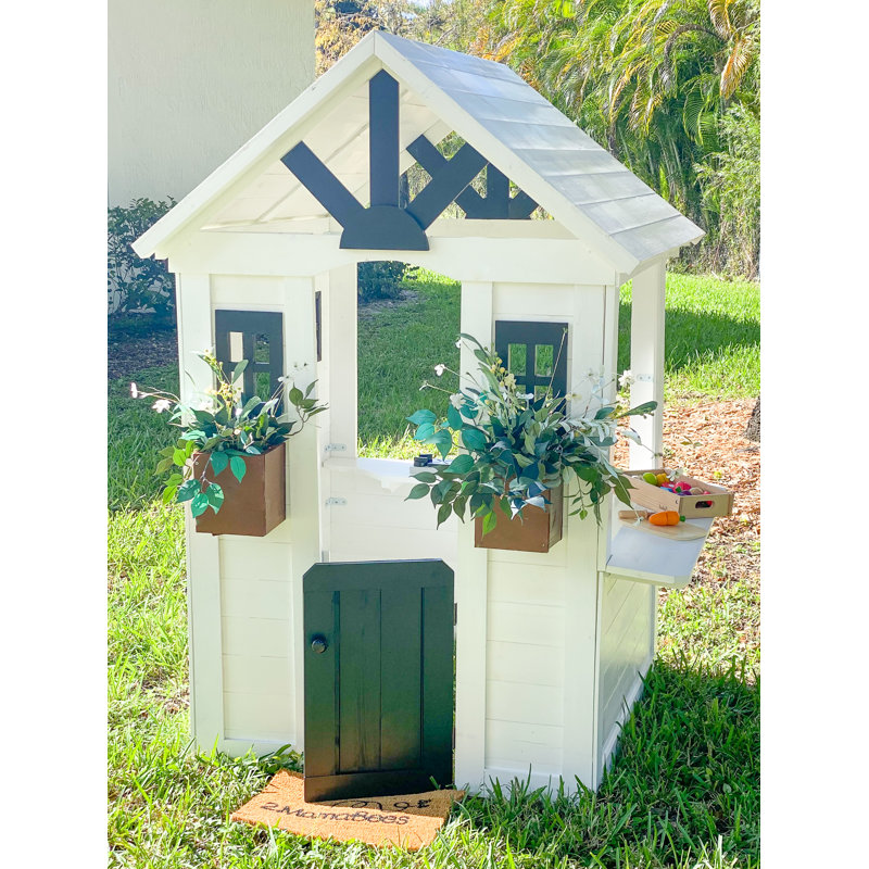 Ajure White and Black Cedar Wood Playhouse with Kitchen and Garden
