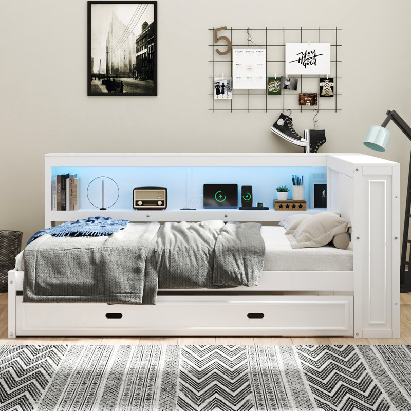 Lit de jour double avec rangement, DEL et lit gigogne - rangement en bois de style moderne avec option de lit élégant, Blanc