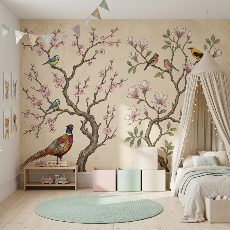 Papier peint cerisier rose avec fleurs de cerisier, 100 po x 96 po, Non-Woven Nonpasted