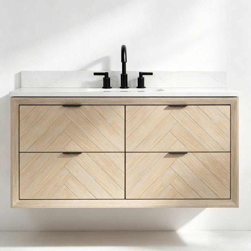 Meuble-lavabo flottant transitionnel en chêne naturel 48 po avec plateau en marbre d'ingénierie de 1 po, Chêne blanc délavé