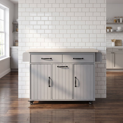51 Inch Grey Rolling Kitchen Island with Drop Leaf and Trash Bin Cabinet