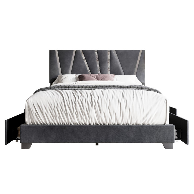 Kelwyn Upholstered Velvet Standard Bed with Drawers, Queen, Dark Gray