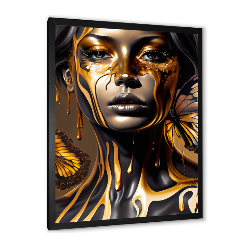 Jolie femme avec des papillons dorés II - Impression sur toile, H 32 po x l 16 po x P 1 po