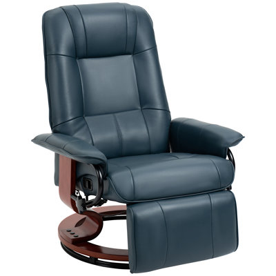 Faux Leather Manual Recliner With Swivel Wood Base, Blue