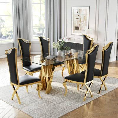 7-Piece Glass Dining Table Set, 70" Modern Irregular Stainless Steel Legs With Streamlined High Back Chairs With X-Shaped Legs For Kitchen, Home Office