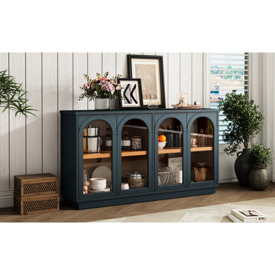 Buffet de rangement bleu marine. 4 portes avec tablettes réglables pour la vie. Conception et fabrication élégantes Grandes portes en verre pour trou de câble. Salle à manger. Tablettes, cadre,
