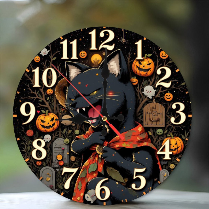 Horloge d'Halloween pour chat avec citrouilles