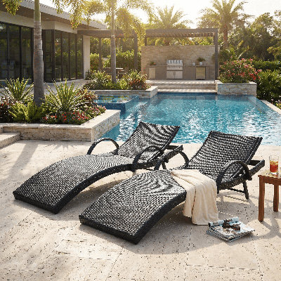 Set of 2 80'' Patio Rattan Chaise Lounge Recliners - Ergonomic Wave Design, Pull-out Side Table & Adjustable Backrest