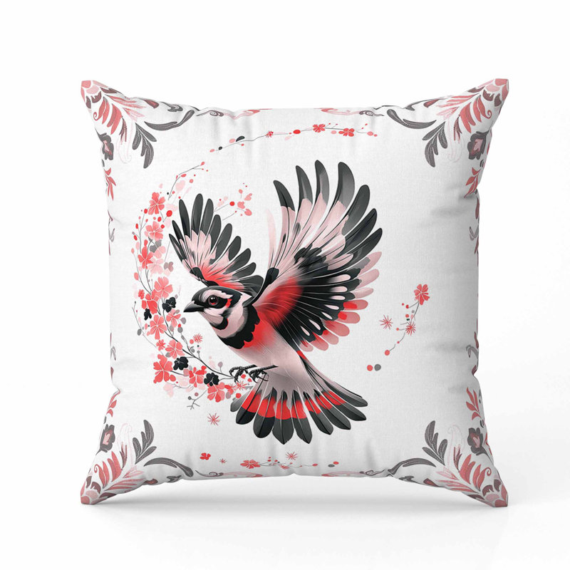 Oreiller Blaze Bird, Noir / blanc / rose, Carré 16 po