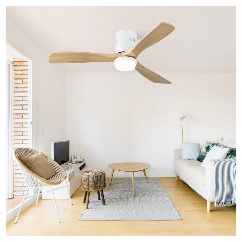 52 Inch Flush Mount Solid Wood Ceiling Fan with 18W Dimmable LED Light, Remote Control Reversible DC Motor