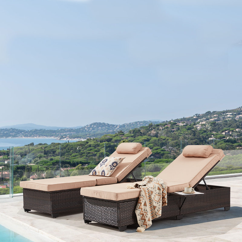 2-Pack Adjustable Outdoor Lounge Chairs, Poolside Chaise Lounge With 5-Position Backrest, Thick Cushion & Cup Holder, All-Weather PE Rattan Patio Furniture