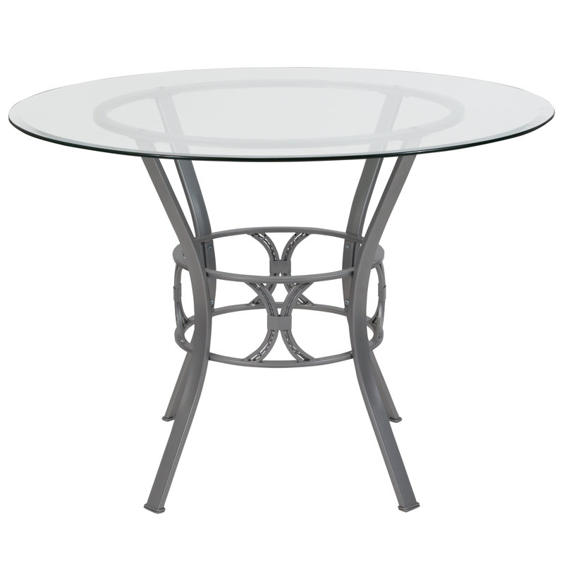 Hardrick 42'' Round Glass Dining Table with Crescent Style Metal Frame, 29.5" H x 45" W x 45" D, Gray