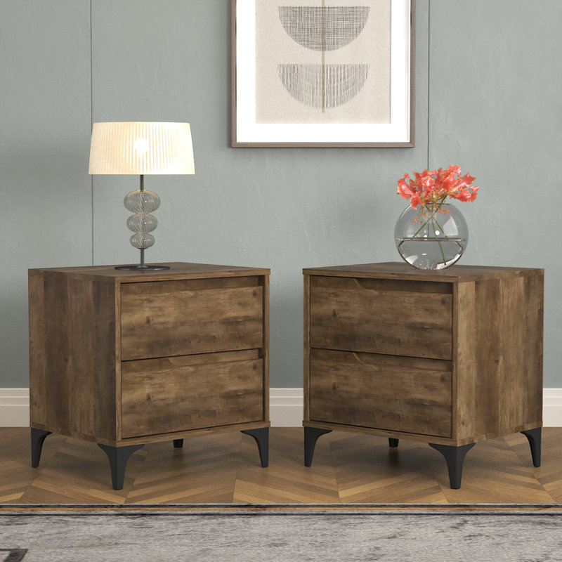 Norcross Contemporary 20.3" 2 Drawer Nightstand with Tapered Legs, Brown