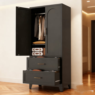 Armoire-penderie de 71 po de hauteur avec 2 tiroirs et une tringle, 2 garde-robes avec tablette pour la chambre à coucher, le bureau, la salle de lavage, le vestibule, le vestibule, la maison d'amis (noir)
