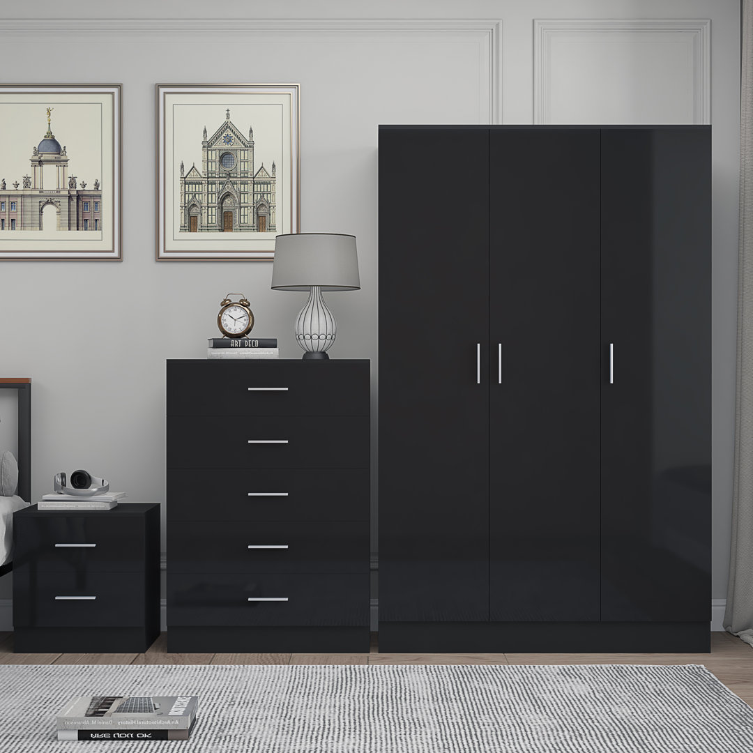 Eva High Gloss 3 Door Plain Wardrobe 3 Piece Bedroom Set
