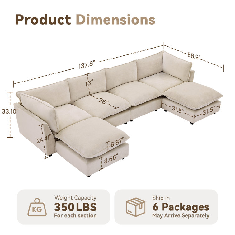 137.8” W Oversized 6-Seater Modular Sofa,U Shape