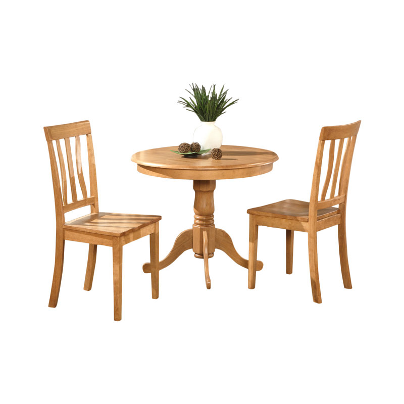 Oak Finish 3-Piece Round Pedestal Dining Set with Faux Leather Chairs