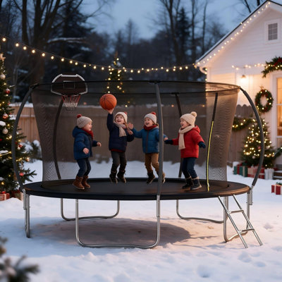 14FT ASTM Approved Trampoline with Safety Enclosure Net & Basketball Hoop, Recreational Outdoor Backyard Trampoline for Kids & Adults