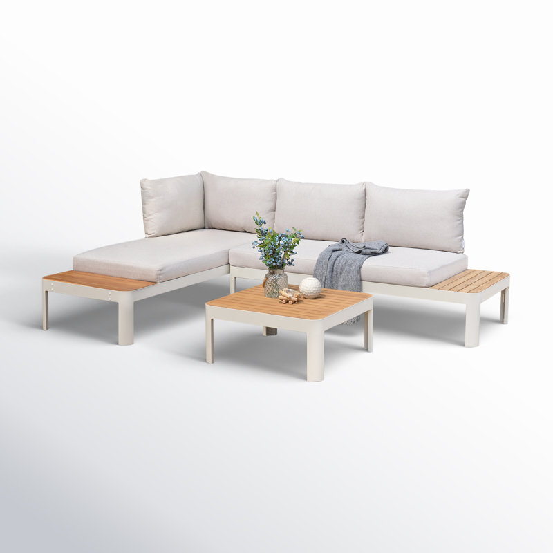 Ensemble de conversation d'extérieur en teck 3 pièces Brix FSC, Light Gray Cushion/Beige Frame