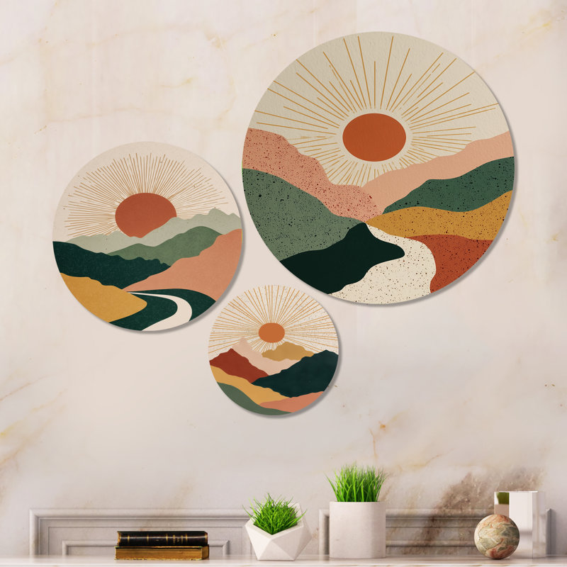 «Sunrise Mirror of Mountains Landscape», ensemble d'art mural abstrait en métal Mid-Century