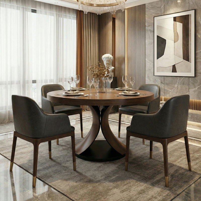 Table de salle à manger Mid-Century ronde en bois massif de couleur noyer pour 2 à 8 personnes