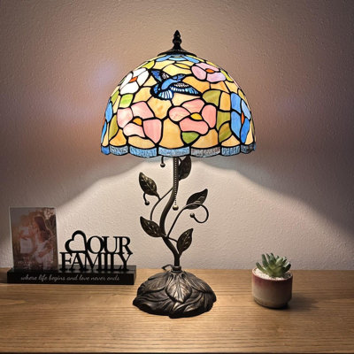 Lampe de table Haruko Tiffany Colibri rose vitrail fleurs en fer feuilles de métal ampoule DEL l 12 po x P 12 po x H 22 po