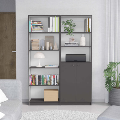 Layton 2 Piece Home Bookcase set, 49" Wide with 8 Shelves and Double Door Cabinet, Living Room Set Matte Grey - White