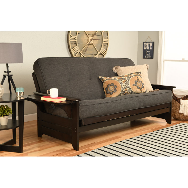 Futon double avec matelas Johnte, Espresso, Lin en microsuède gris anthracite, Premium Pocket Coil