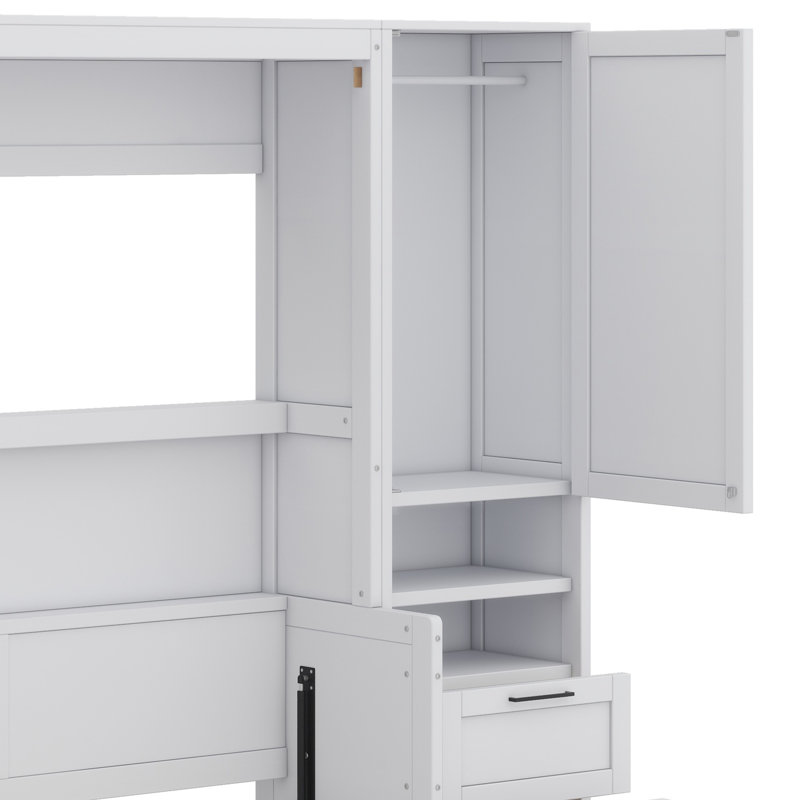 Lit escamotable Murphy avec placard, tiroirs et tablettes, Blanc, Grand lit