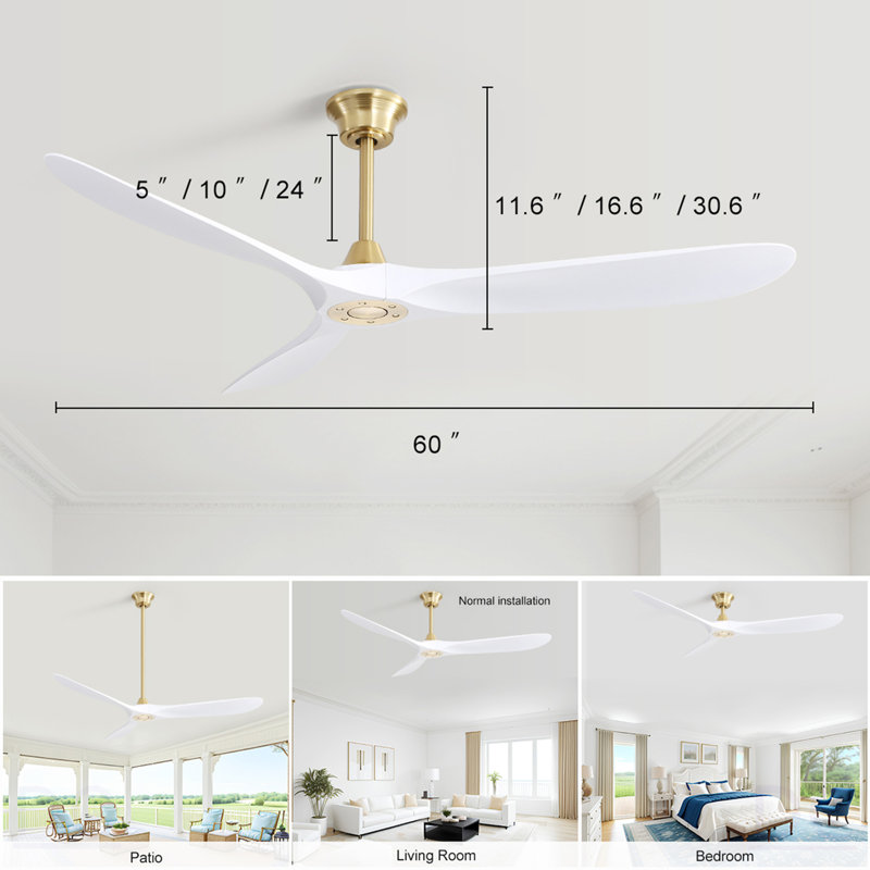 Ventilateur de plafond intelligent moderne en ABS de 60 pouces avec moteur à courant continu réversible à télécommande 6 vitesses pour chambre à coucher